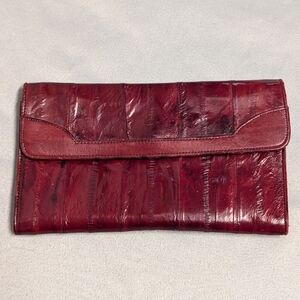 Vintage Burgundy Genuine Eel SkinLeather Trifold Wallet
